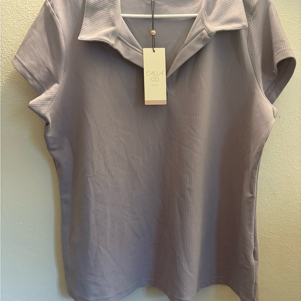 CALIA by Carrie Underwood Purple Fitted Cap Sleeve Polo Blouse